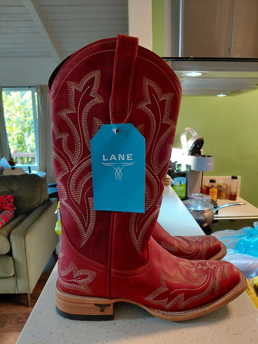 Lane Women's Red Lace-Up Western Boots with Gold Stitching - Picture 3 of 4